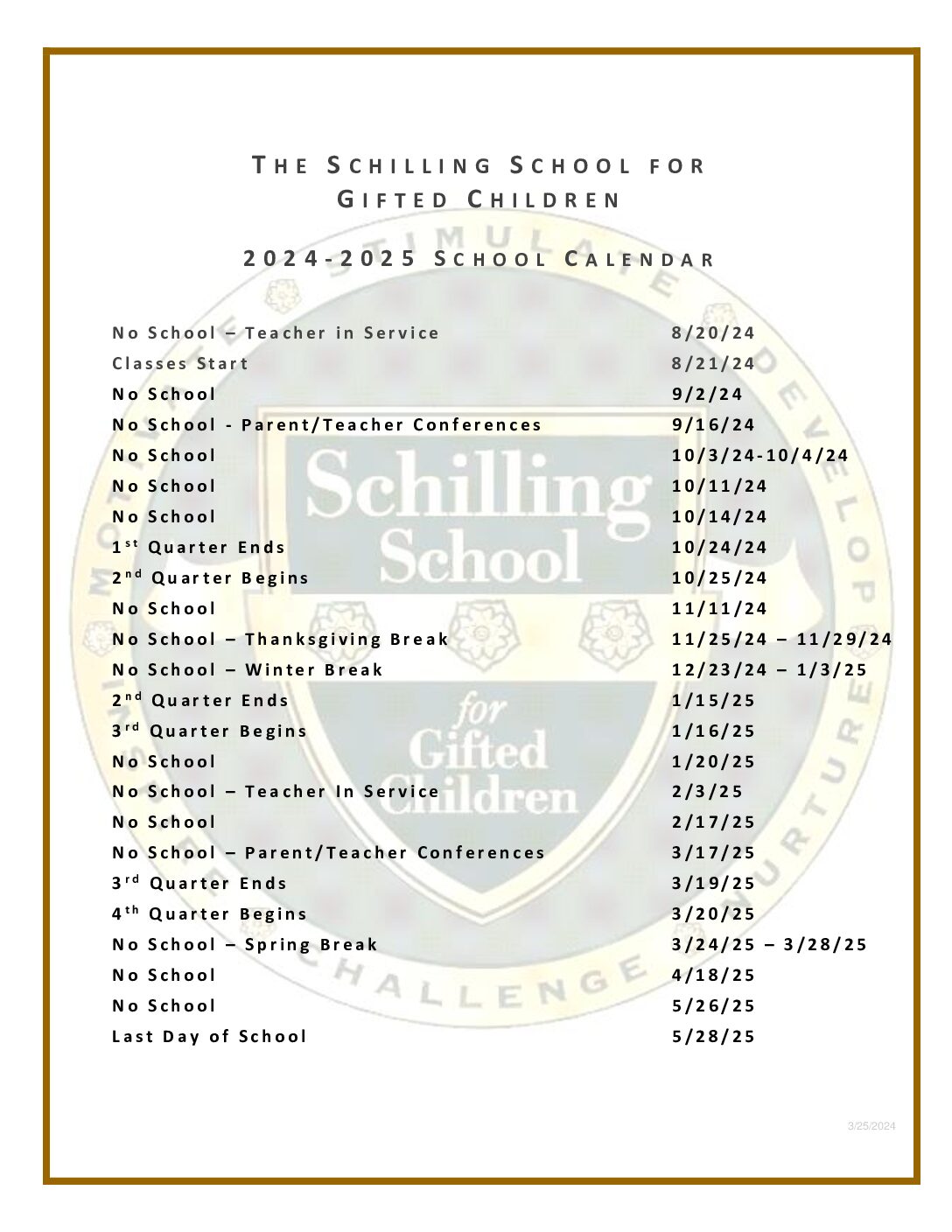 Calendar 24-25 Schilling School – Schilling School for Gifted Children